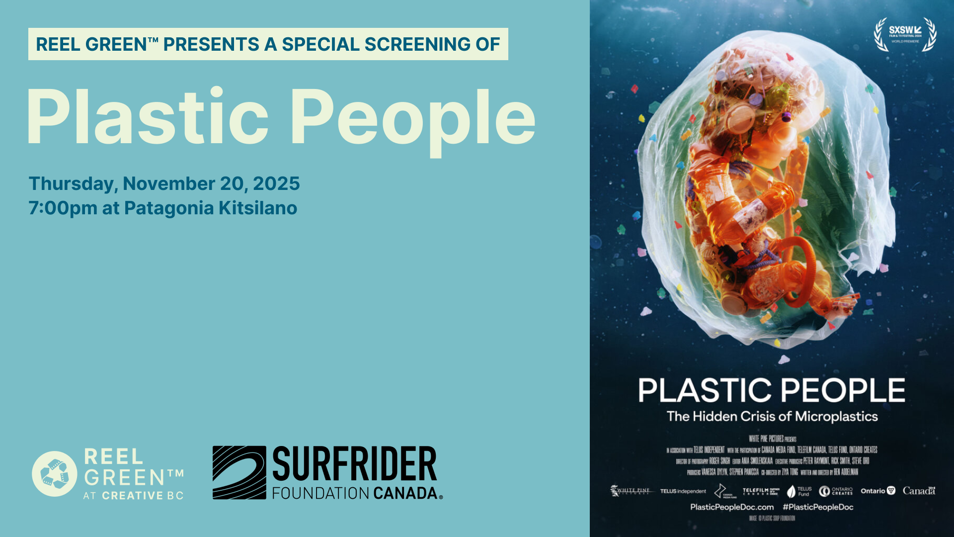Graphic image with text promoting the screening of the film Plastic People with the film poster inset on the right hand side.
