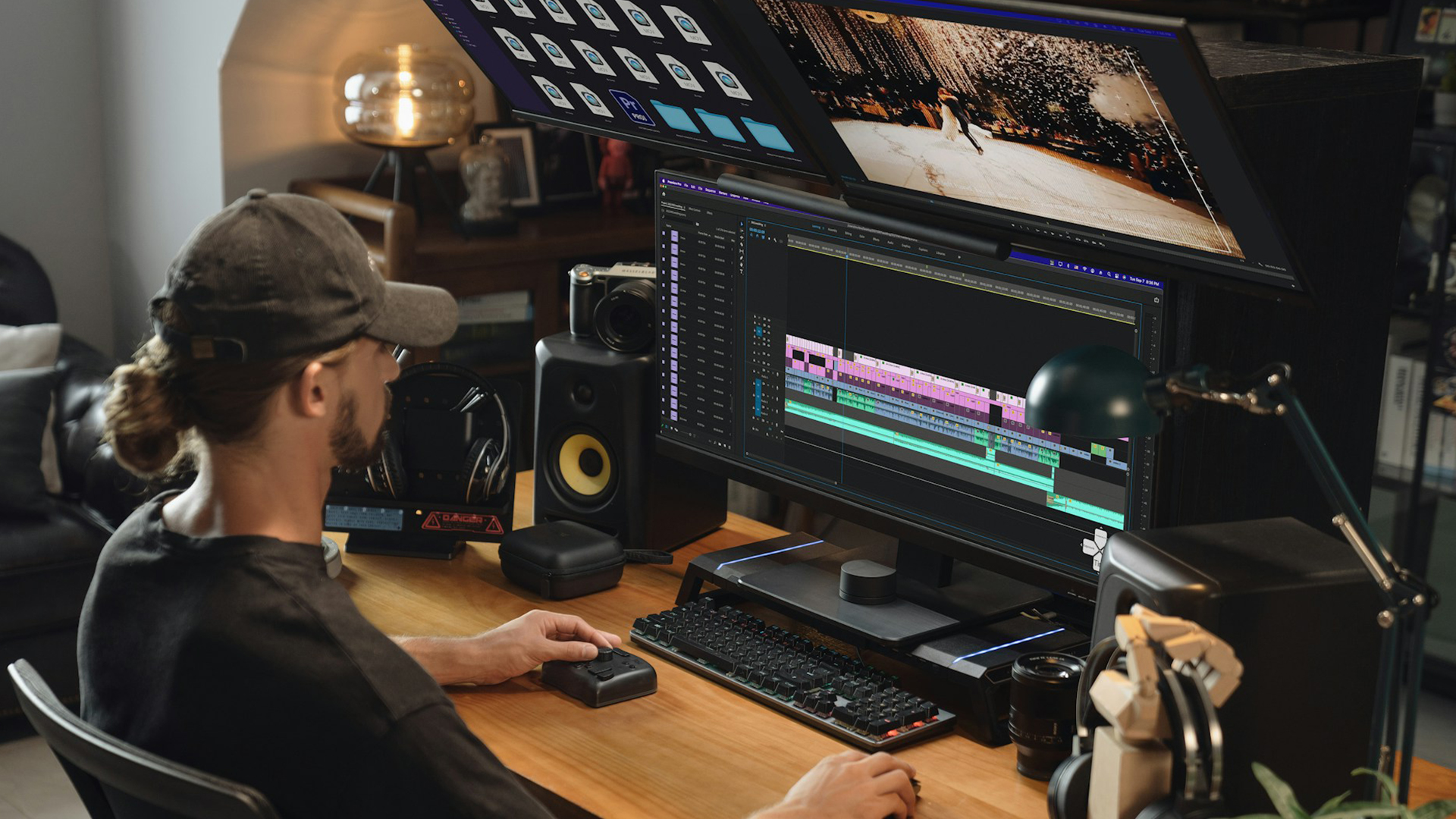 A man edits video on a computer.